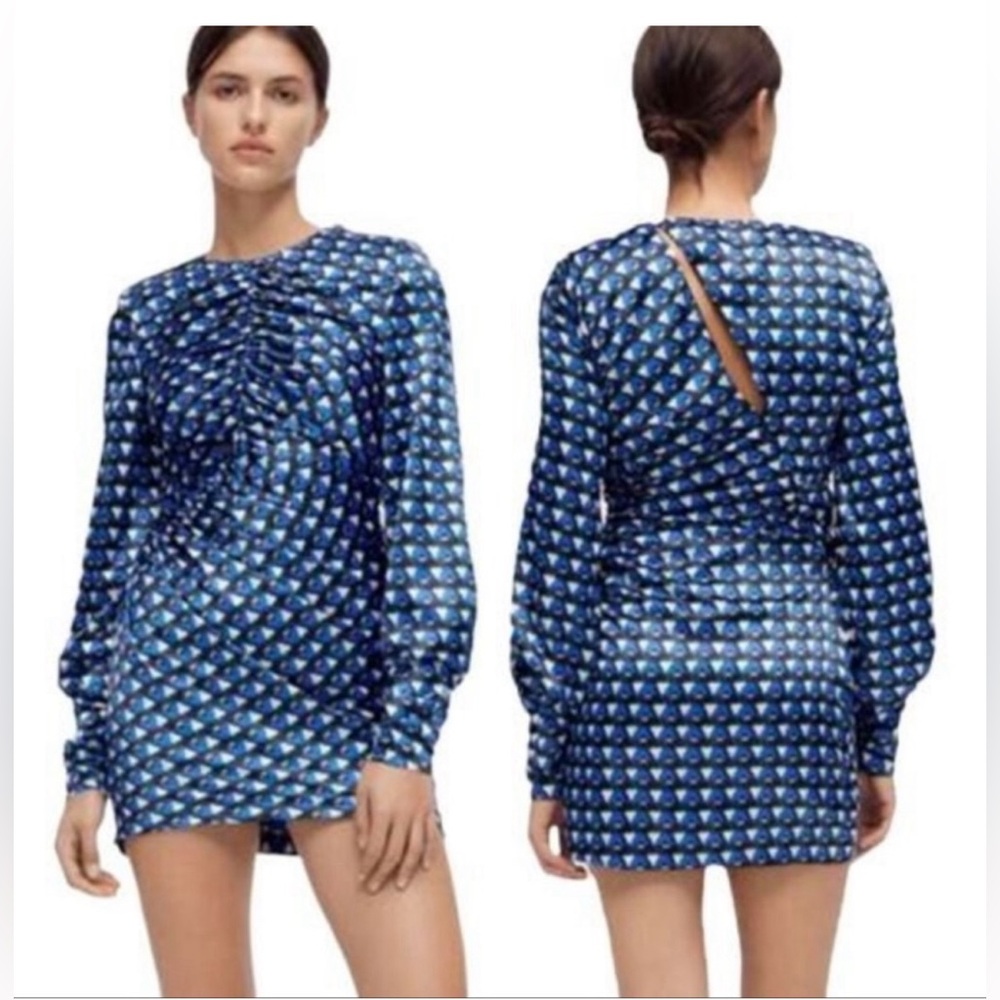 Zara Geometric Print Blue Mini dress with long sleeves (XS)